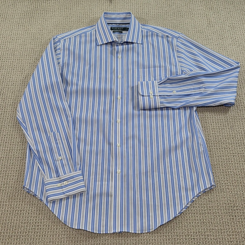 Lauren Ralph Lauren Mens Classic Fit Stretch Non Iron Blue Stripe Dress Shirt 16 - Picture 2 of 7